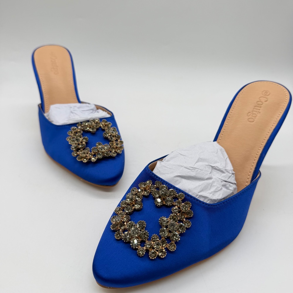Coutgo Womens Royal Blue Satin Rhinestone Buckle Pointed Toe Mules Stiletto Sz 8